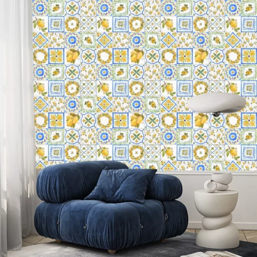 Tapete Fliesenmosaik mit Oliven und Blumen