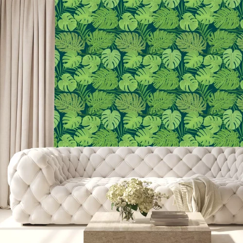 Tapete Hellgrüne Blätter auf dunkelgrünem Hintergrund