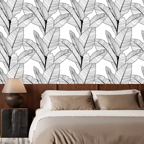 Tapete Schwarze und weiße Bananenblätter