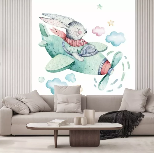 Sticker Hand drawing fly cute easter pilot bunny watercolor cartoon bunnies with airplane in the sky. Turquoise watercolour animal rabbit flying art flight illustration