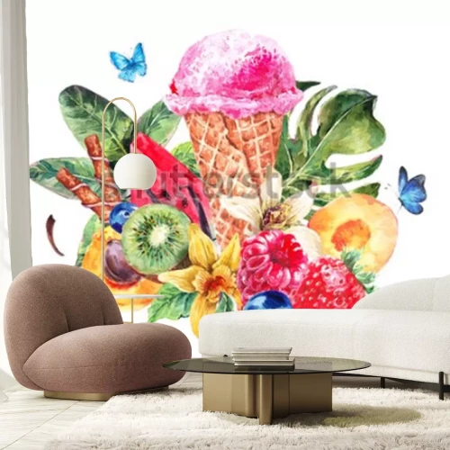 Sticker Eis umgeben von tropischen Früchten