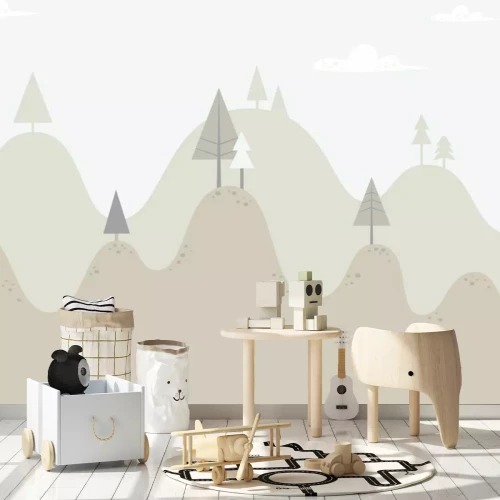 Fototapete Landschaft mit Hügeln und Nadelbäumen