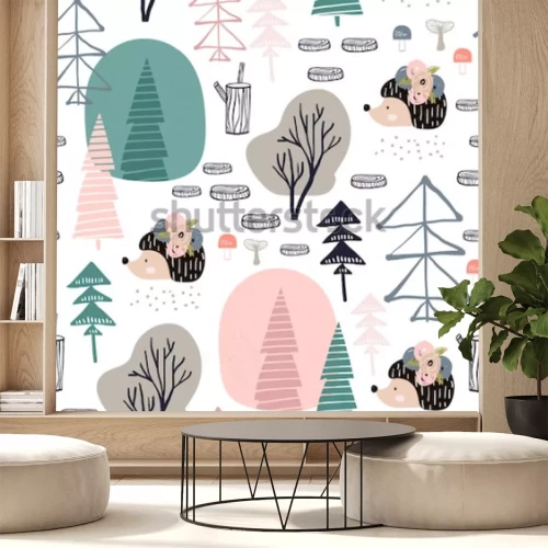 Sticker Tiere für Kinder Grafik mit Igeln und Bäumen