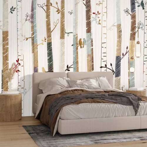 Sticker Eine märchenhafte Illustration eines Birkenwaldes für Kinder