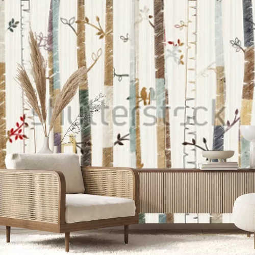 Sticker Eine märchenhafte Illustration eines Birkenwaldes für Kinder