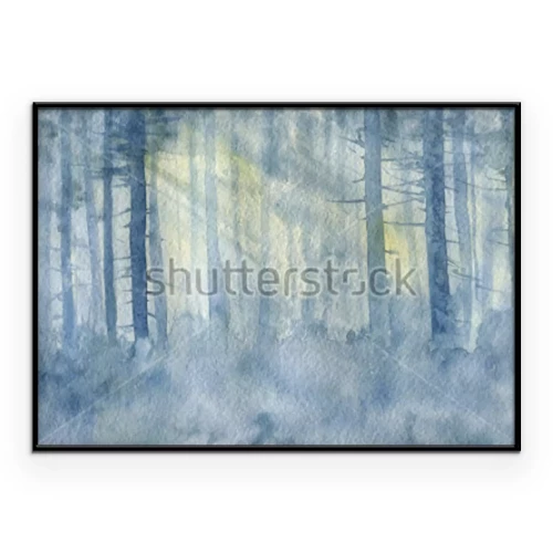 Poster Eine in Aquarell gemalte Waldlandschaft, durch deren Bäume Sonnenstrahlen scheinen.