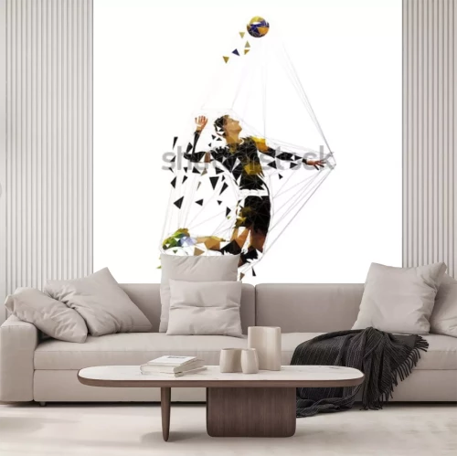 Sticker Volleyballspieler, der Ball dient, polygonale Vektorillustration