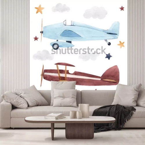 Sticker Aquarell-Satz von isolierten Kinderillustrationen, Flugzeugen, Sternenhimmel und Wolken. Kindergeburtstag