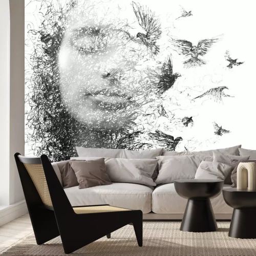 Fototapete Paintography. Double Exposure portrait of an elegant woman with closed eyes combined with hand made pencil drawing of a flock of birds flying freely resembling disintegrating particles of her being