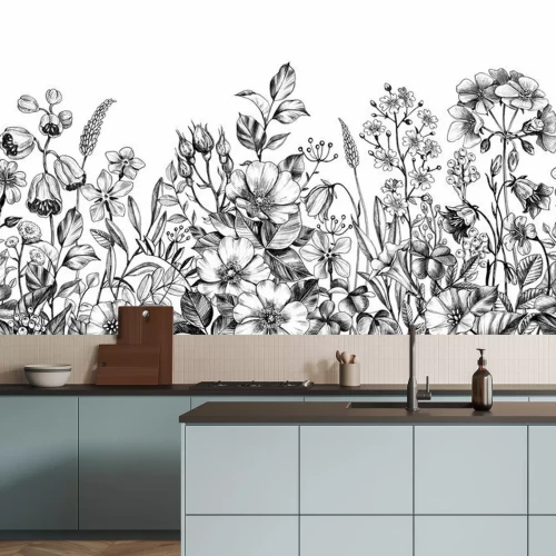 Fototapete Schwarz-weiße Zeichnung von Wildblumen