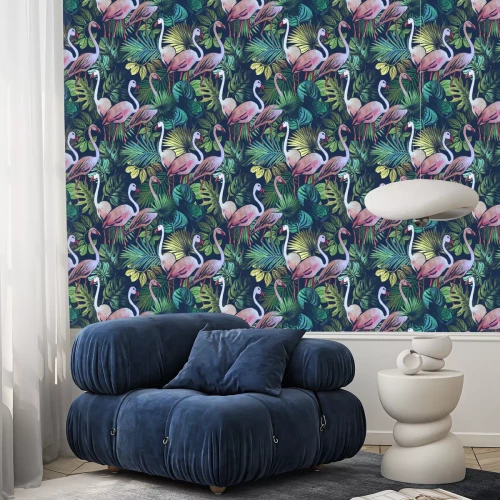 Tapete Dunkles Muster mit Flamingos und Pflanzen