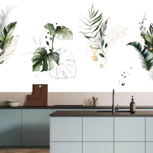 Sticker  watercolor and gold leaves. herbal illustration. Botanic tropic composition.  Exotic modern design