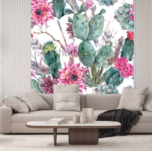 Sticker Nahtloses Muster des exotischen natürlichen Vintage-Aquarells im Boho-Stil. Kakteen, Sukkulenten, Blumen, Zweige, Federn und Pfeile. Botanisch isolierter Naturkaktus Illustration auf Weiß