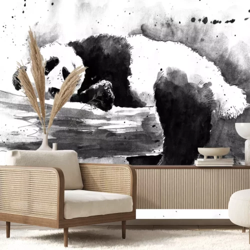 Fototapete Panda auf einem Ast schwarz-weißes Muster