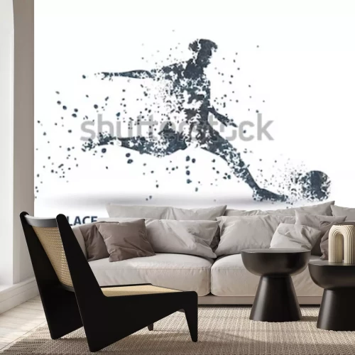 Sticker Fußballspieler, treten Sie einen Ball, Partikel divergierende Zusammensetzung, Vektorillustration