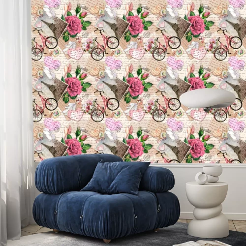 Tapete Hand written letters, hearts, bicycle with flowers in basket, vintage photo of Eiffel Tower, rose flowers, postal stamps, feathers. Seamless pattern about love, France, Paris