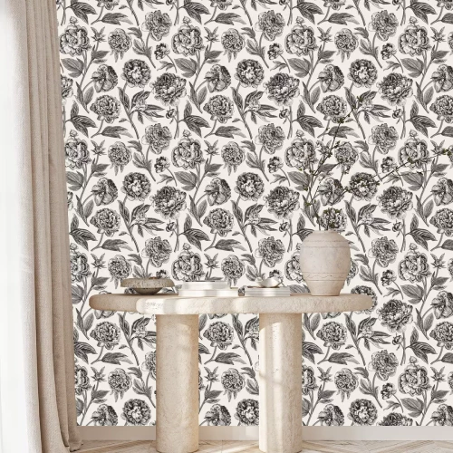 Tapete Schwarz-wei?e Pfingstrosen mit Bleistift gemalt