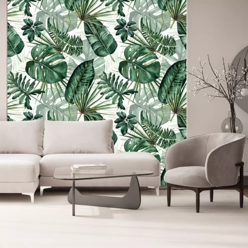 Sticker Watercolor seamless pattern with tropical leaves: palms, monstera, passion fruit.