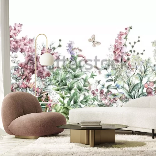 Sticker nahtlose Felge. Grenze mit Kräutern und wilden Blumen, Blättern. Botanische Illustration Bunte Illustration auf weißem Hintergrund. Frühlingszusammensetzung mit Schmetterling