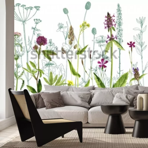 Sticker Aquarellzeichnung wilde Pflanzen mit Blumen, Knospen und Blättern, gemalte botanische Illustration im Weinlesestil, Farbblumenschablone, handgezeichneter natürlicher Hintergrund