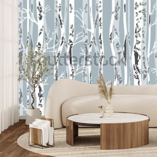 Sticker Birkenhain im Herbst. Nahtloses Vektormuster mit Bäumen und Vögeln. Retro Textilkollektion