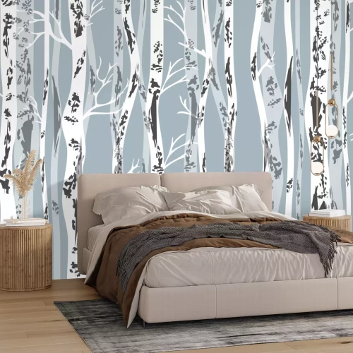 Sticker Birkenhain im Herbst. Nahtloses Vektormuster mit Bäumen und Vögeln. Retro Textilkollektion