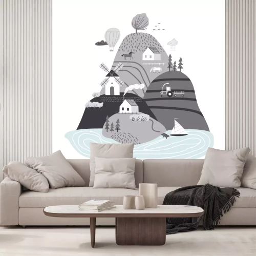 Sticker Skandinavische Landschaft. Handgezeichnete abstrakte skandinavische Grafikillustration des Vektors mit Häusern, Bäumen und Hügeln. Nette Landschaft