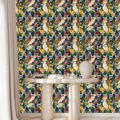 Tapete Tropische Blumen und Papageien