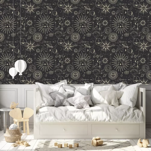 Tapete Vector illustration set of moon phases. Different stages of moonlight activity in vintage engraving style. Zodiac Signs