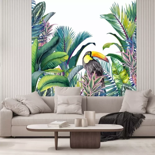 Sticker Tropical card with Toucan, palm trees, pineapples, banana and calathea leaves. Watercolor illustration on white background.