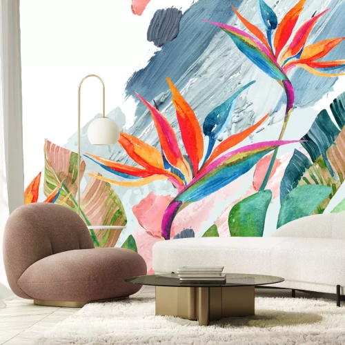 Sticker Aquarell tropische Blätter und blühende Strelitzien auf abstraktem Hintergrund