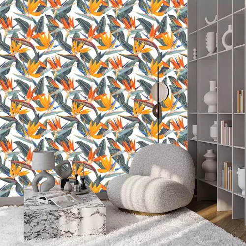 Tapete Bunte tropische Blumen auf weißem Hintergrund