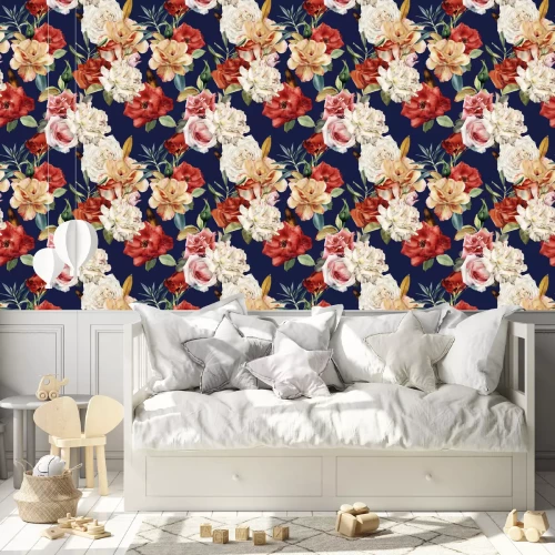 Tapete Bunte Rosen auf dunkelblauem Hintergrund Grafik