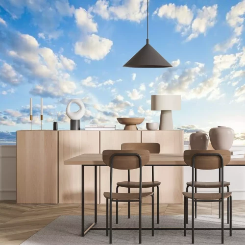 Fototapete Blue sky clouds background. Beautiful landscape with clouds and orange sun on sky