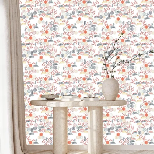 Tapete Japanischer Mustervektor. Rote Blume, Bambus, Kiefernelementhintergrund