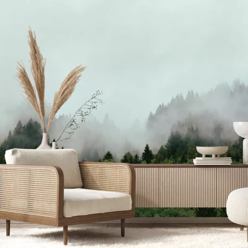 Fototapete Herbstlicher wald in nebel gehüllt