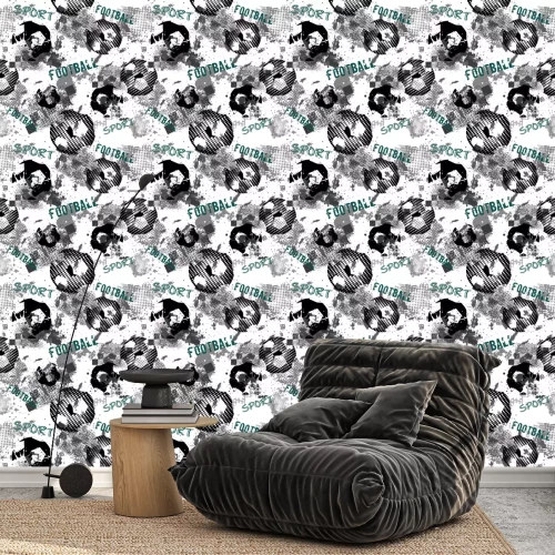 Tapete Abstract seamless football pattern for boys. Sport football pattern. Grunge sport urban backdrop with football ball. Sport wallpaper on black background with multicolor spots. Repeated pattern.