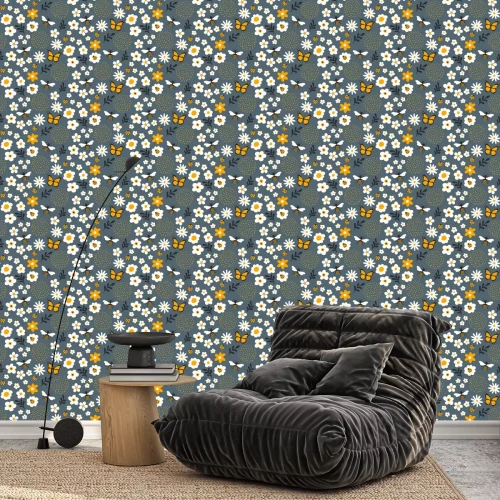 Tapete Blumenwiese mit gelben Schmetterlingen