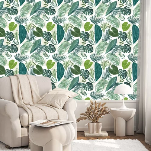 Tapete Dschungelblätter in Grüntönen auf weißem Hintergrund