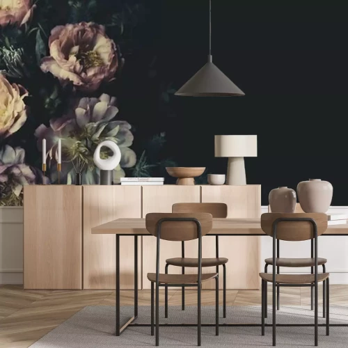 Fototapete Vintage bouquet of beautiful peonies on black. Floristic decoration. Floral background. Baroque old fashiones style. Natural flowers pattern wallpaper or greeting card