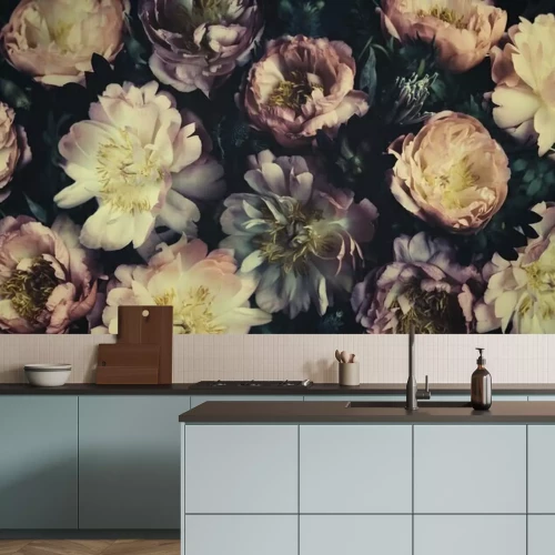 Fototapete Vintage bouquet of beautiful peonies on black. Floristic decoration. Floral background. Baroque old fashiones style. Natural flowers pattern wallpaper or greeting card