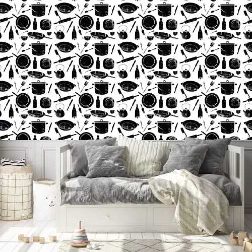 Tapete Schwarze Töpfe auf hellem Hintergrund