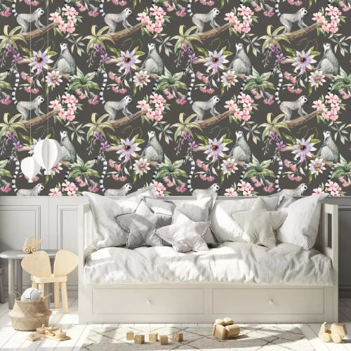 Tapete Lemuren und Blumen auf grauem Hintergrund