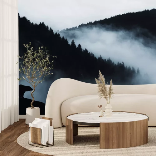 Fototapete Nebliger Wald mit Bär