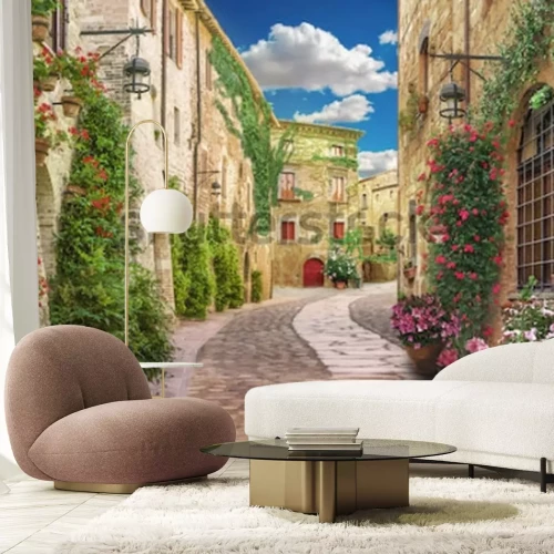 Fototapete Gasse mit Blumen in Italien