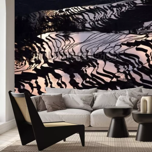 Fototapete Sonnenuntergang spiegelt sich im Feld