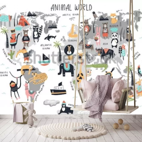 Fototapete Grafische Weltkarte mit Tieren