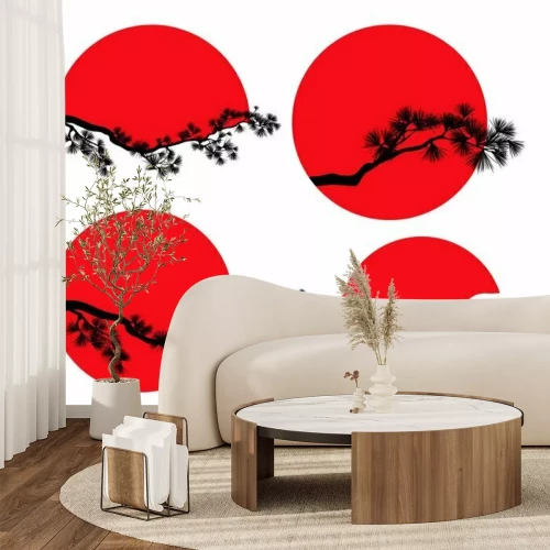 Sticker long pine tree branches against red sun disk - traditional japanese nature vector silhouette design