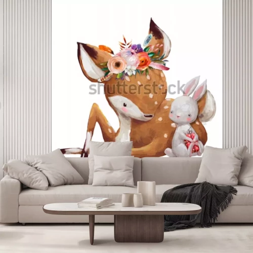 Sticker süßer kleiner Hase mit kleinem Hirsch