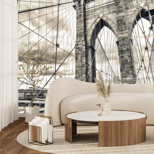 Fototapete Prächtige Struktur der Brooklyn Bridge mit Sonnenuntergangshimmel - NYC